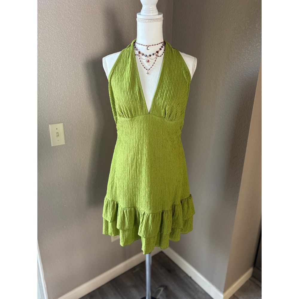 Lime Green Plisse Halter Mini Dress V-Neck Ruffle Hem Open‎ Back STRETCH 0XL